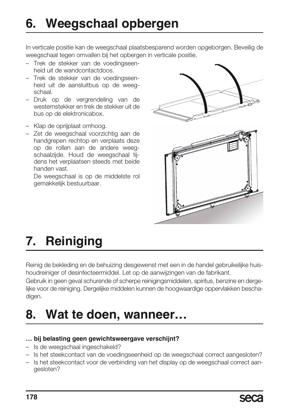 Weegschaal opbergen, Reiniging, Wat te doen, wanneer | Seca 657 User Manual | Page 178 / 240