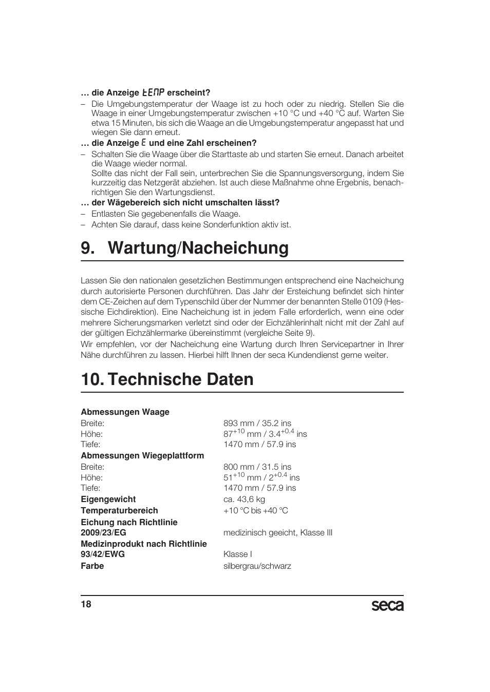 Wartung/nacheichung, Technische daten | Seca 657 User Manual | Page 18 / 240