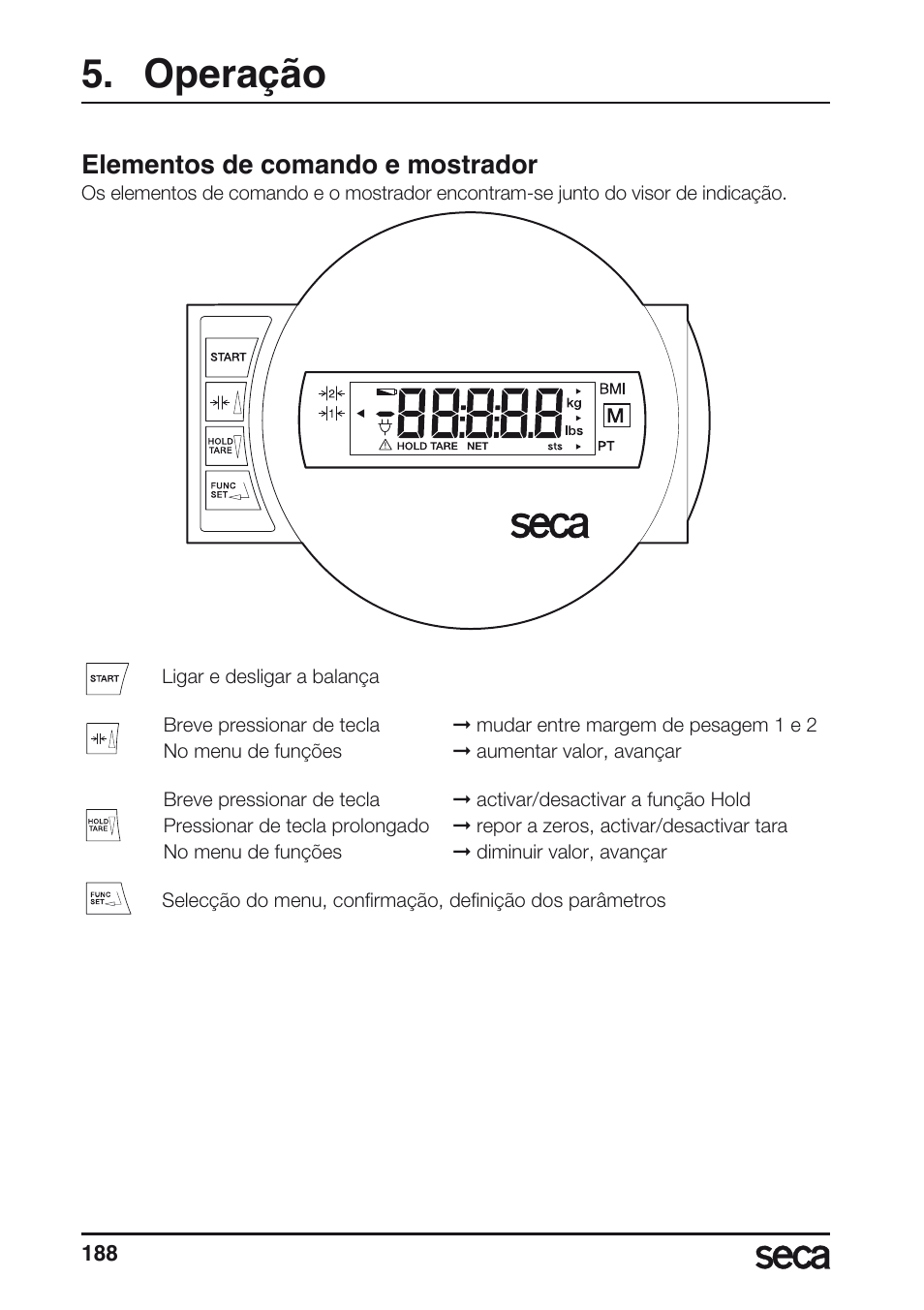 Operação, Elementos de comando e mostrador | Seca 657 User Manual | Page 188 / 240