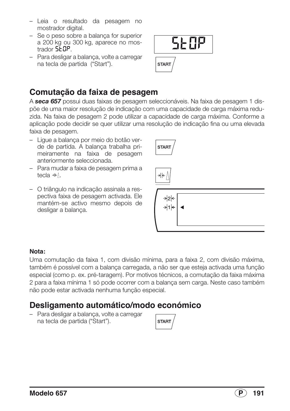 Comutação da faixa de pesagem, Desligamento automático/modo económico | Seca 657 User Manual | Page 191 / 240