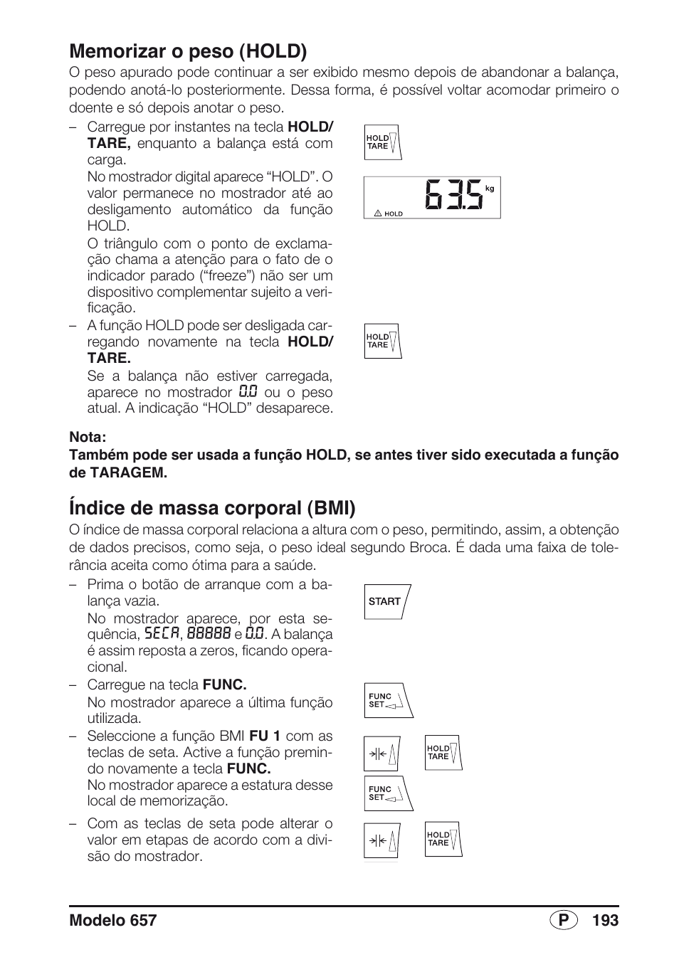 Memorizar o peso (hold), Índice de massa corporal (bmi) | Seca 657 User Manual | Page 193 / 240