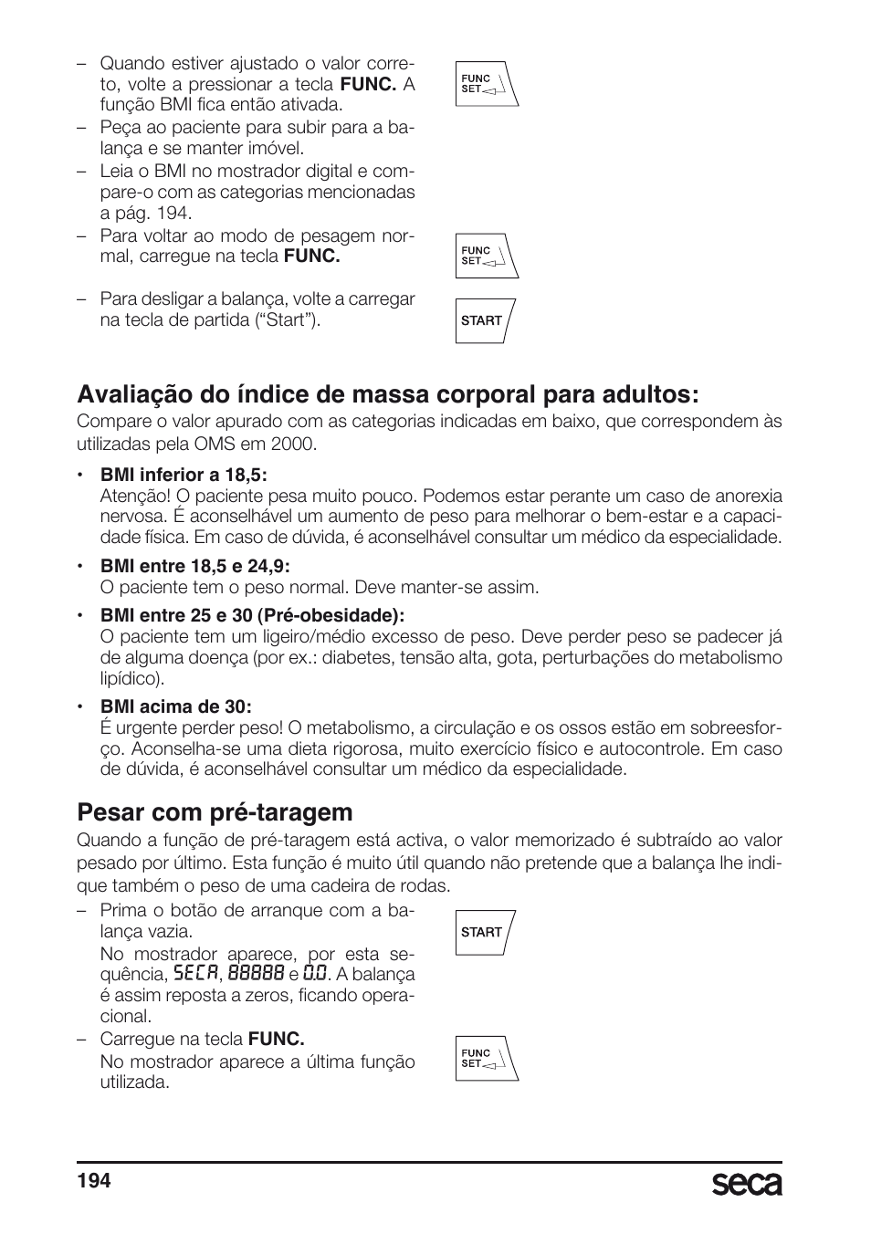 Pesar com pré-taragem, Avaliação do índice de massa corporal para adultos | Seca 657 User Manual | Page 194 / 240