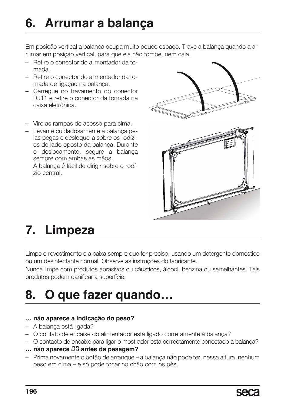 Arrumar a balança, Limpeza, O que fazer quando | Seca 657 User Manual | Page 196 / 240