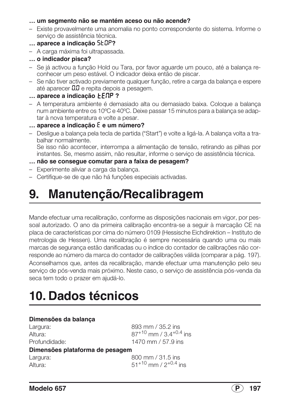 Manutenção/recalibragem, Dados técnicos | Seca 657 User Manual | Page 197 / 240