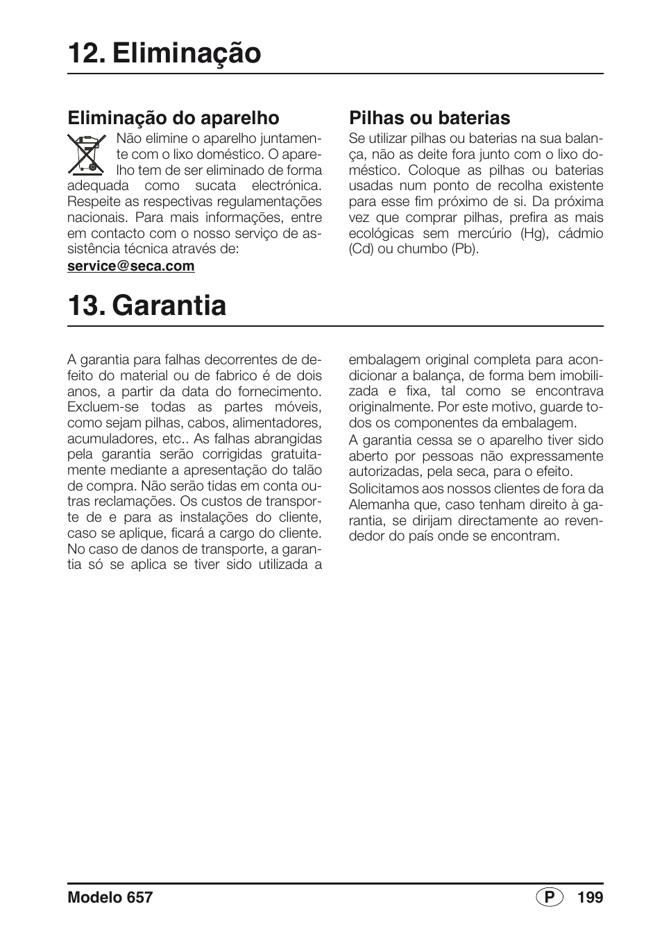 Eliminação, Eliminação do aparelho, Pilhas e baterias | Garantia | Seca 657 User Manual | Page 199 / 240
