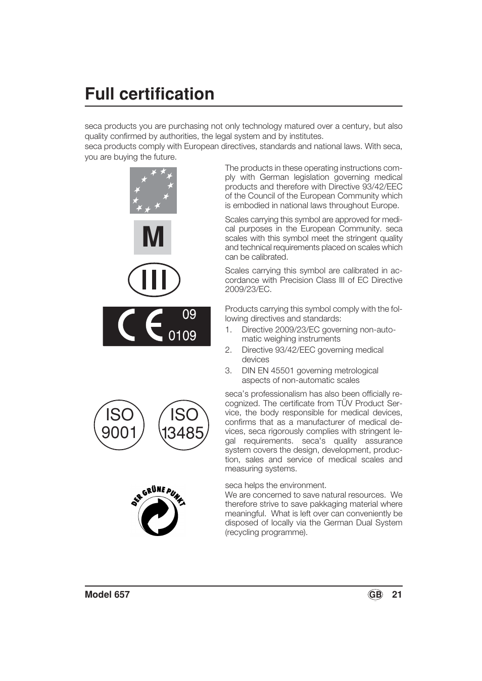 English, Full certification | Seca 657 User Manual | Page 21 / 240