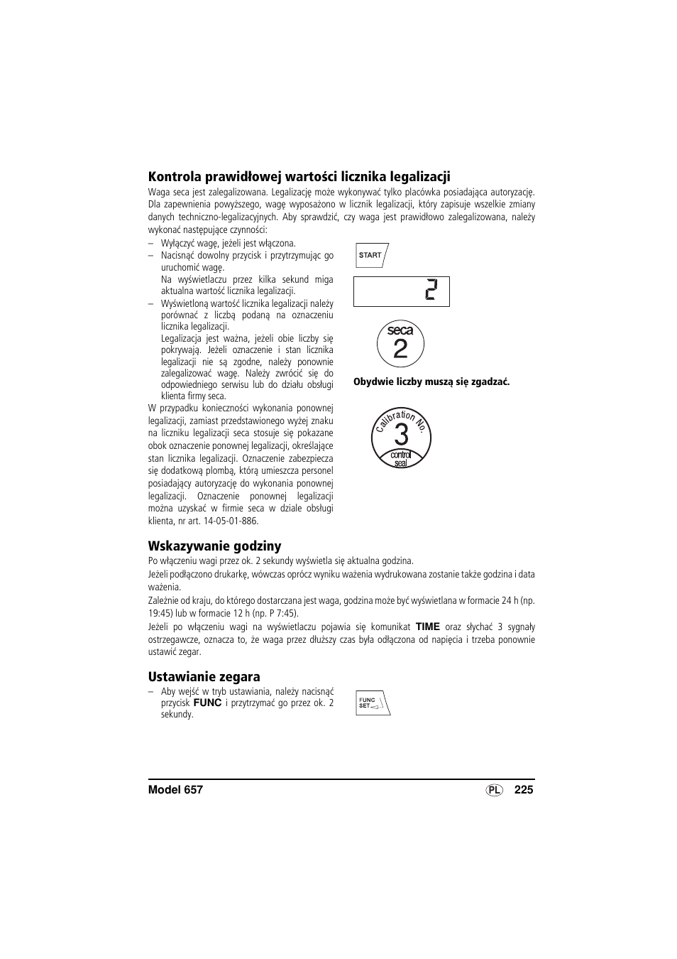 Kontrola prawidłowej wartości licznika legalizacji, Wskazywanie godziny, Ustawianie zegara | Seca 657 User Manual | Page 225 / 240