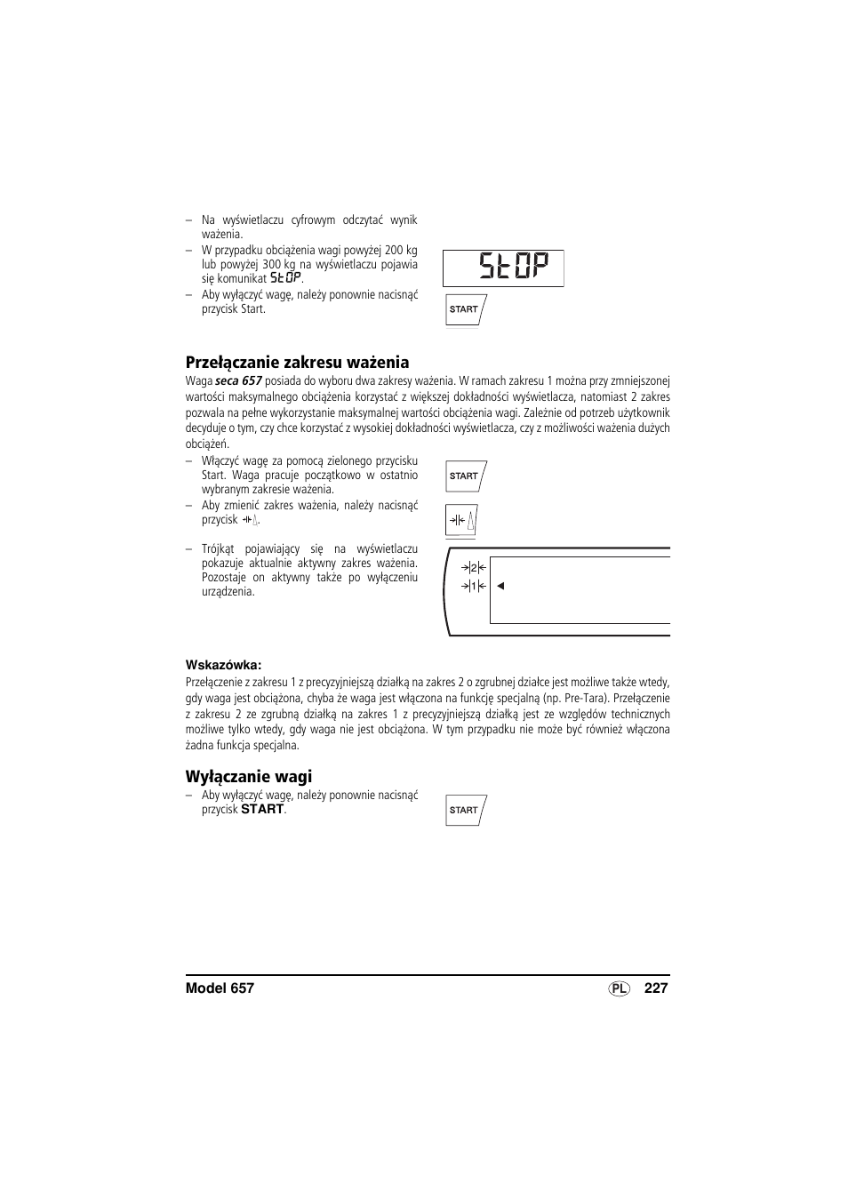 Przełączanie zakresu ważenia, Wyłączanie wagi | Seca 657 User Manual | Page 227 / 240