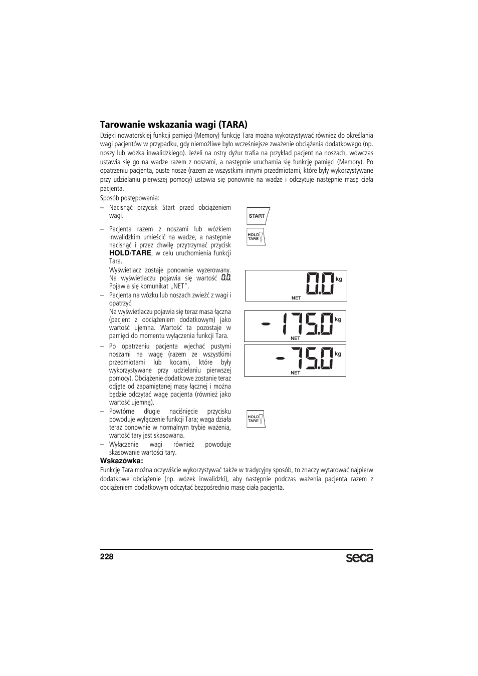 Tarowanie wskazania wagi (tara) | Seca 657 User Manual | Page 228 / 240