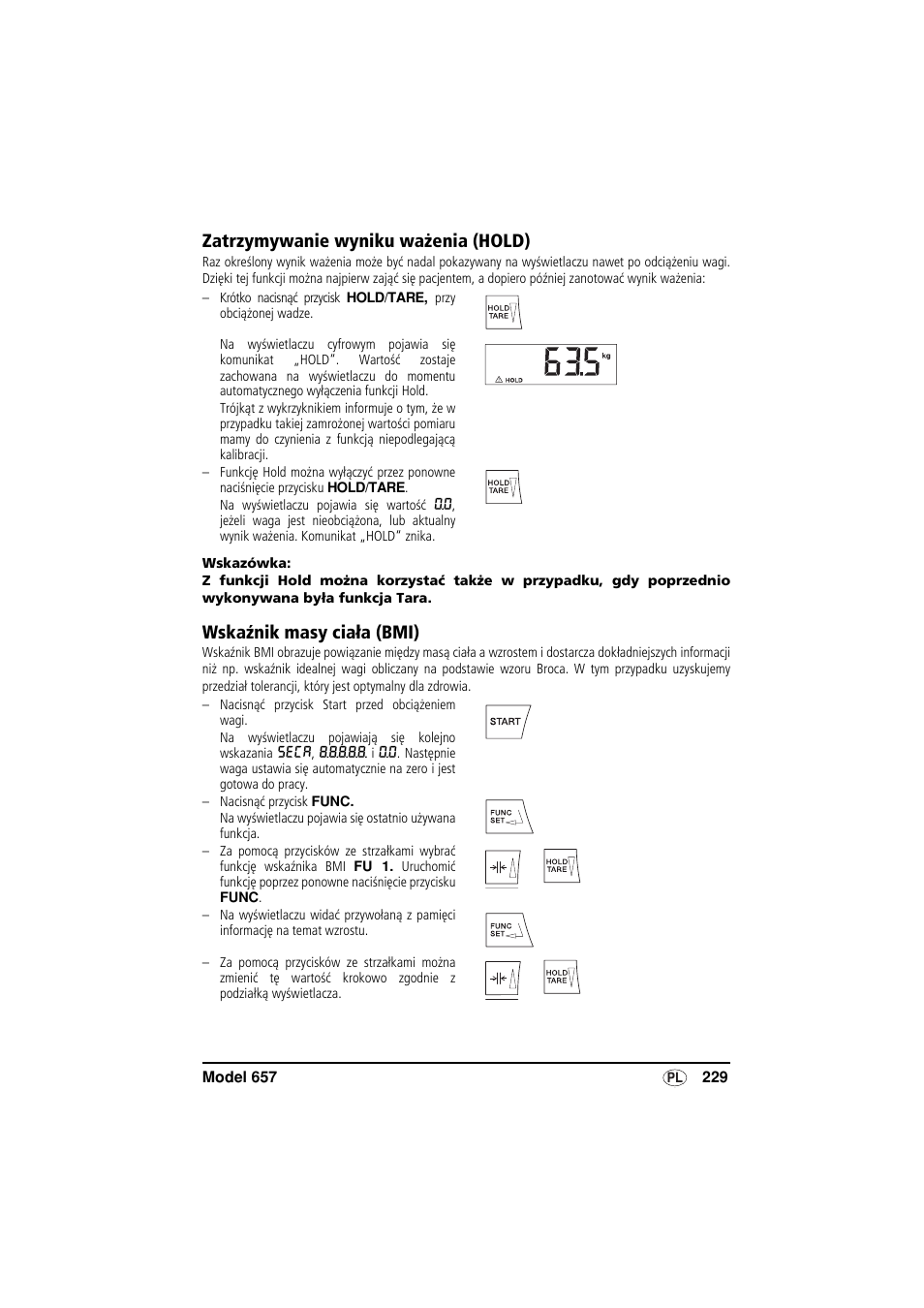 Zatrzymywanie wyniku ważenia (hold), Wskaźnik masy ciała (bmi) | Seca 657 User Manual | Page 229 / 240