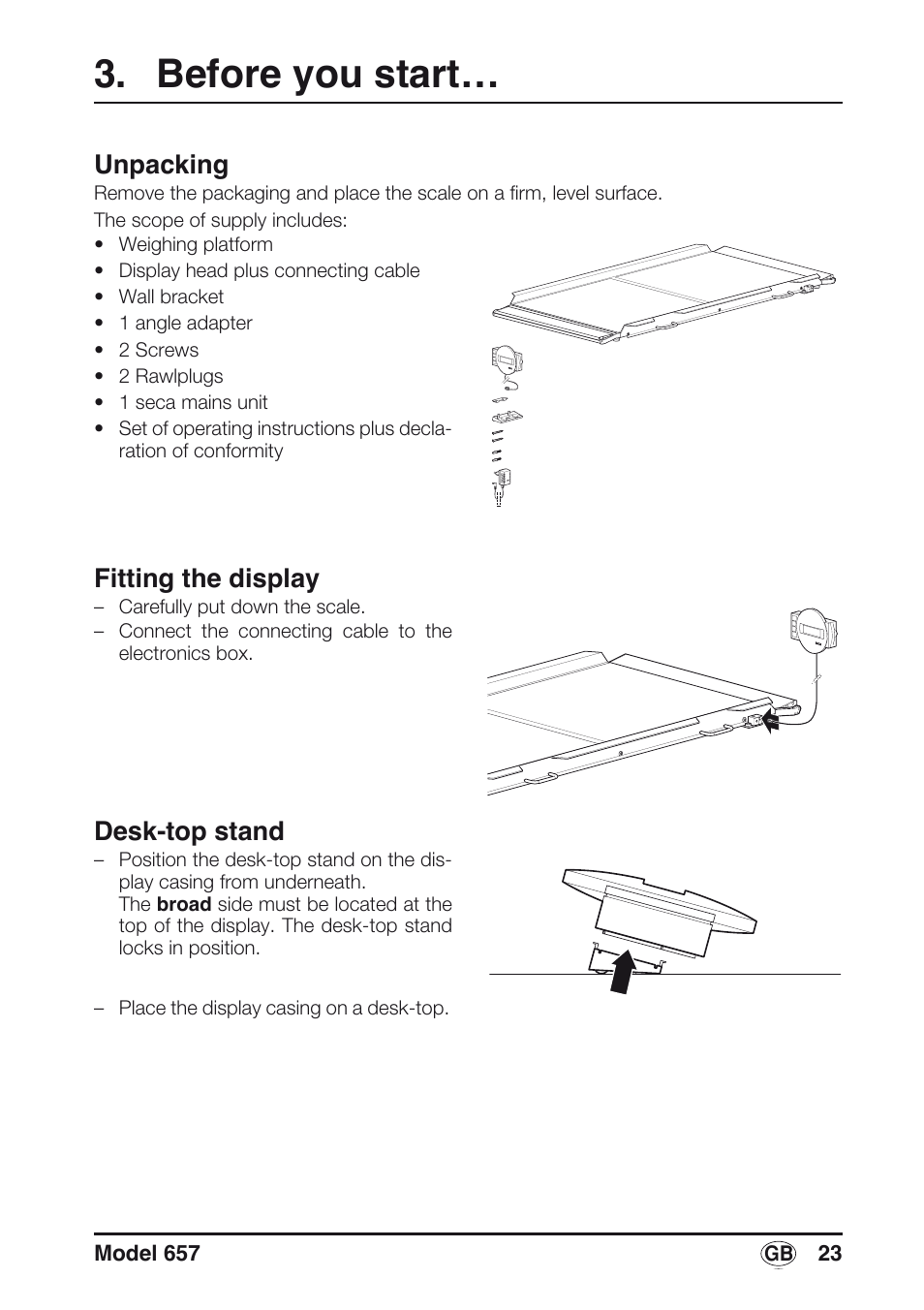 Before you start, Unpacking, Fitting the display | Desk-top stand | Seca 657 User Manual | Page 23 / 240