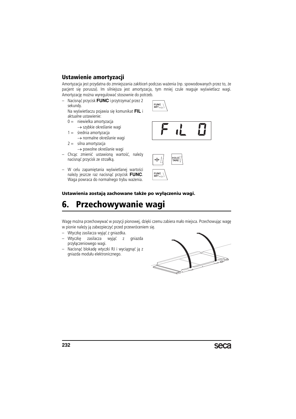 Ustawienie amortyzacji, Przechowywanie wagi | Seca 657 User Manual | Page 232 / 240