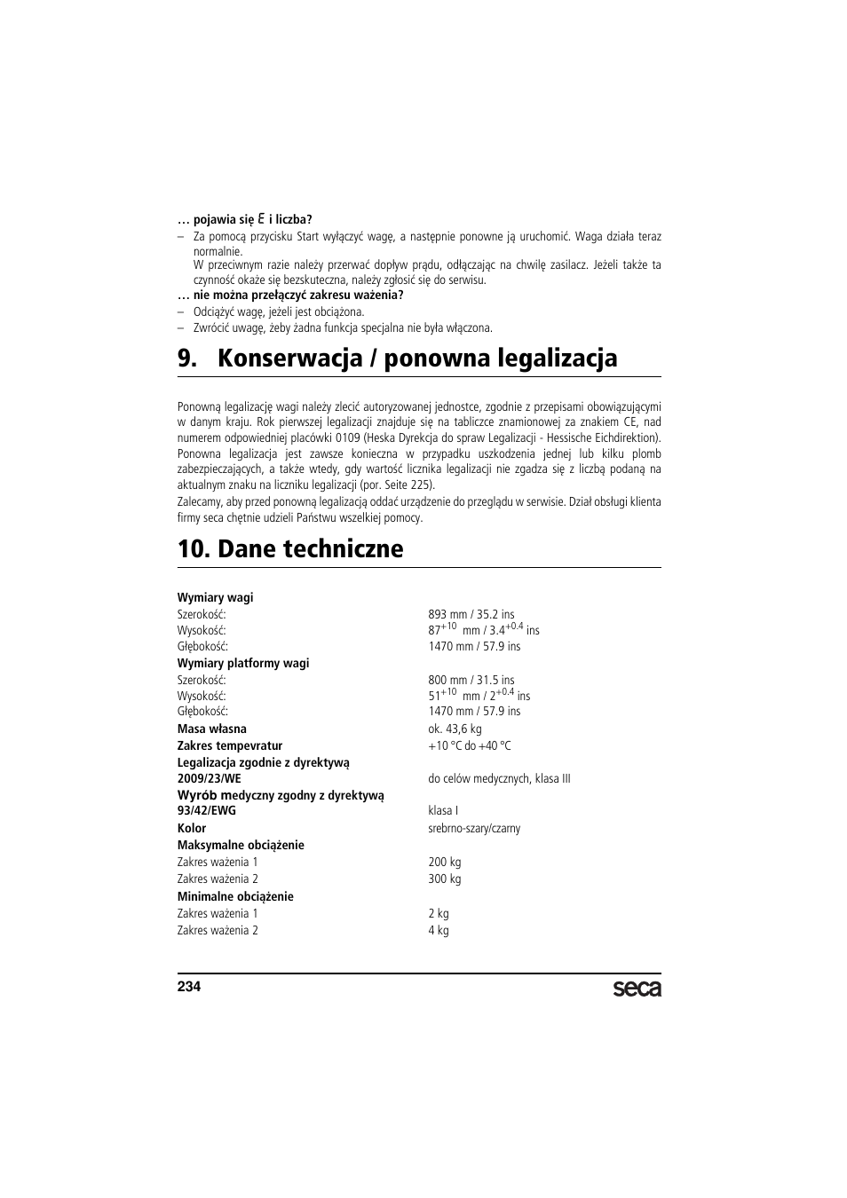 Konserwacja / ponowna legalizacja, Dane techniczne | Seca 657 User Manual | Page 234 / 240
