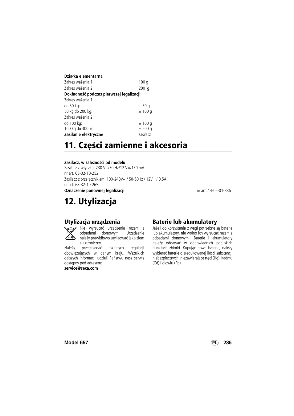 Części zamienne i akcesoria, Utylizacja, Utylizacja urządzenia | Baterie lub akumulatory | Seca 657 User Manual | Page 235 / 240