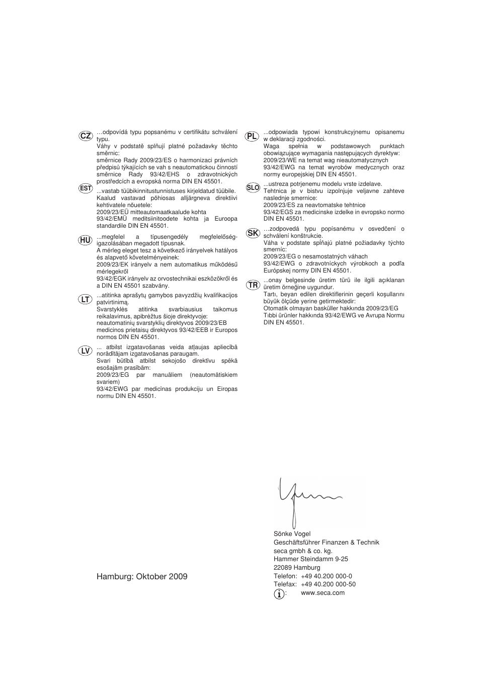 Hamburg: oktober 2009, Hu lt lv, Sk tr | Seca 657 User Manual | Page 240 / 240