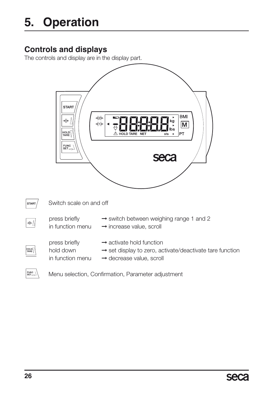 Operation, Controls and displays | Seca 657 User Manual | Page 26 / 240