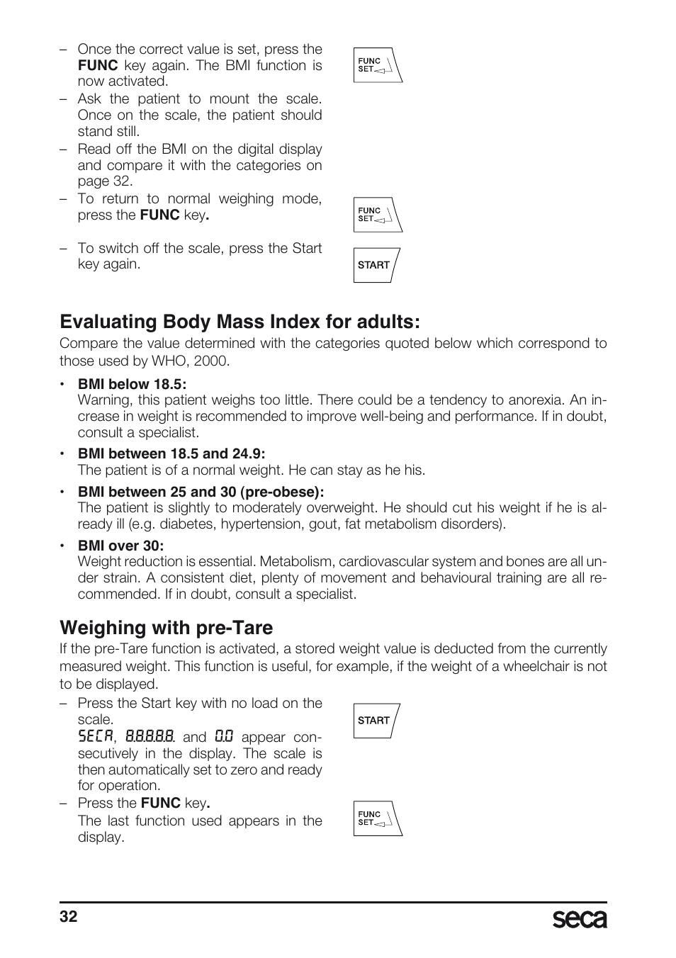 Weighing with pre-tare, Evaluating body mass index for adults | Seca 657 User Manual | Page 32 / 240