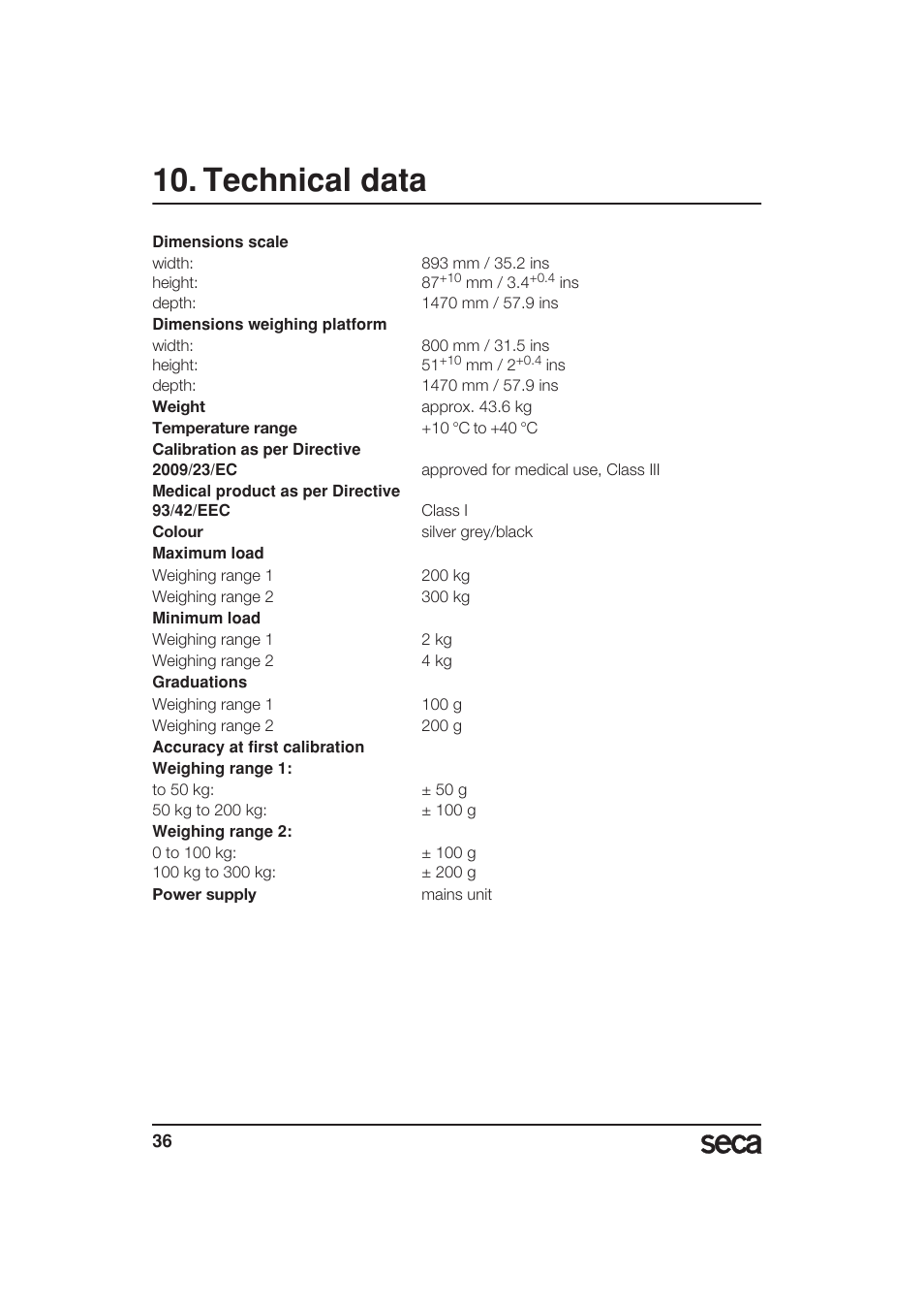 Technical data | Seca 657 User Manual | Page 36 / 240