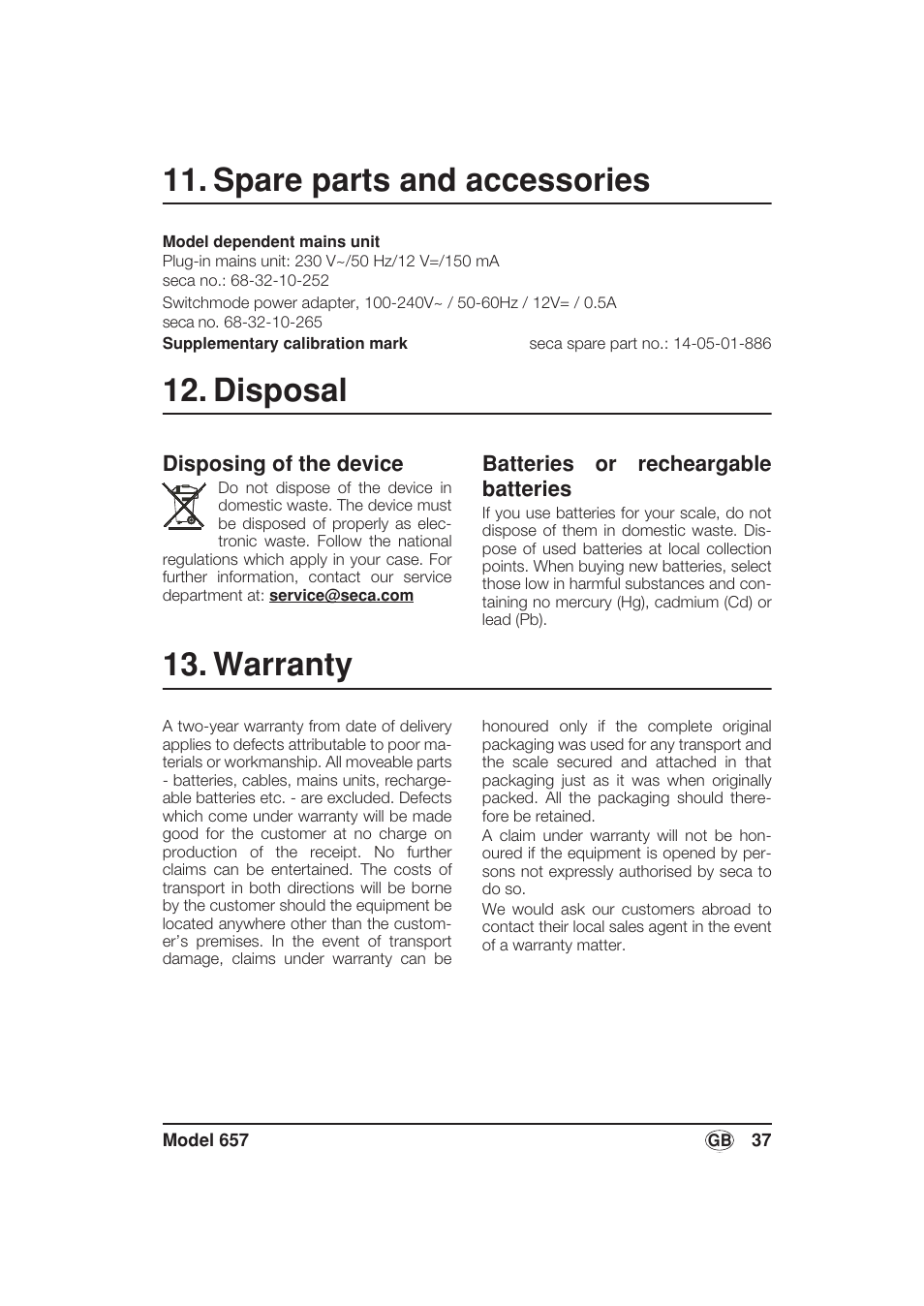 Spare parts and accessories, Disposal, Disposing of the device | Batteries or recheargablebatteries, Warranty | Seca 657 User Manual | Page 37 / 240