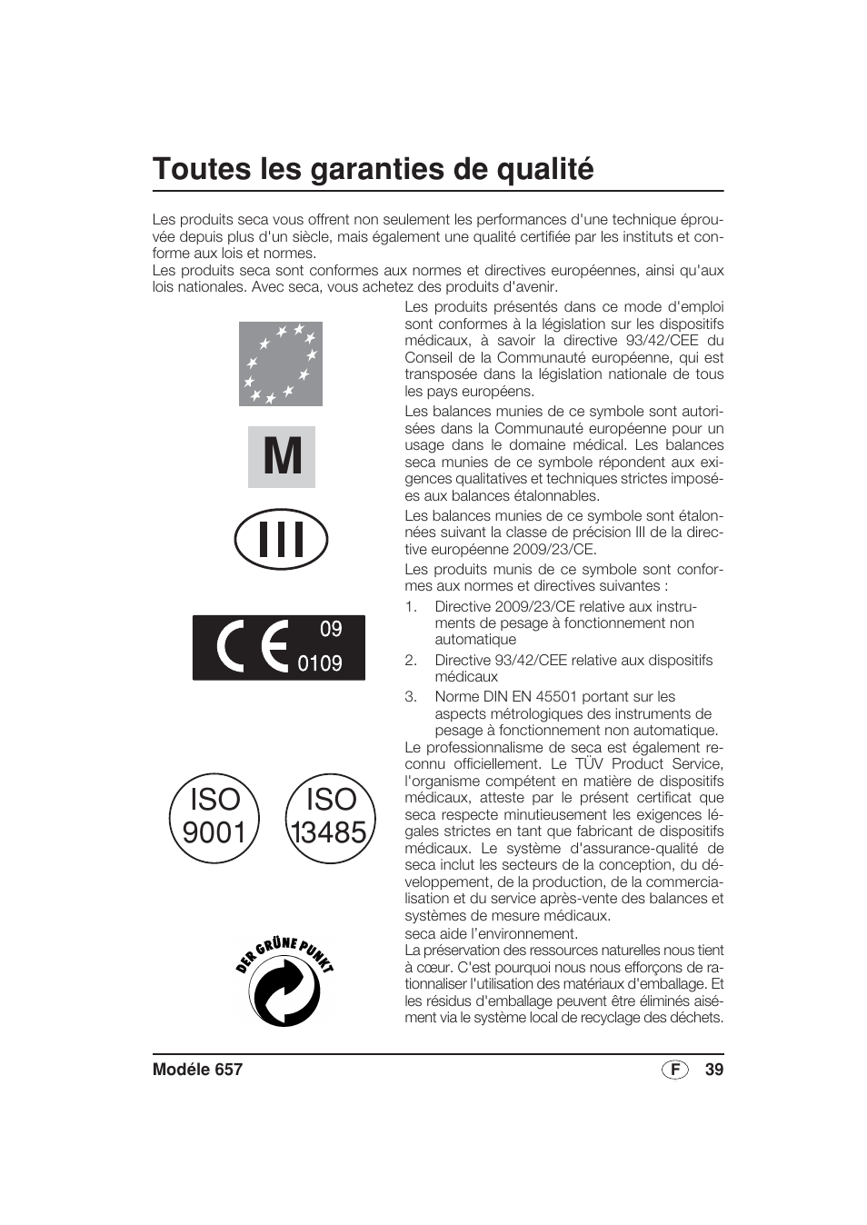 Français, Toutes les garanties de qualité | Seca 657 User Manual | Page 39 / 240