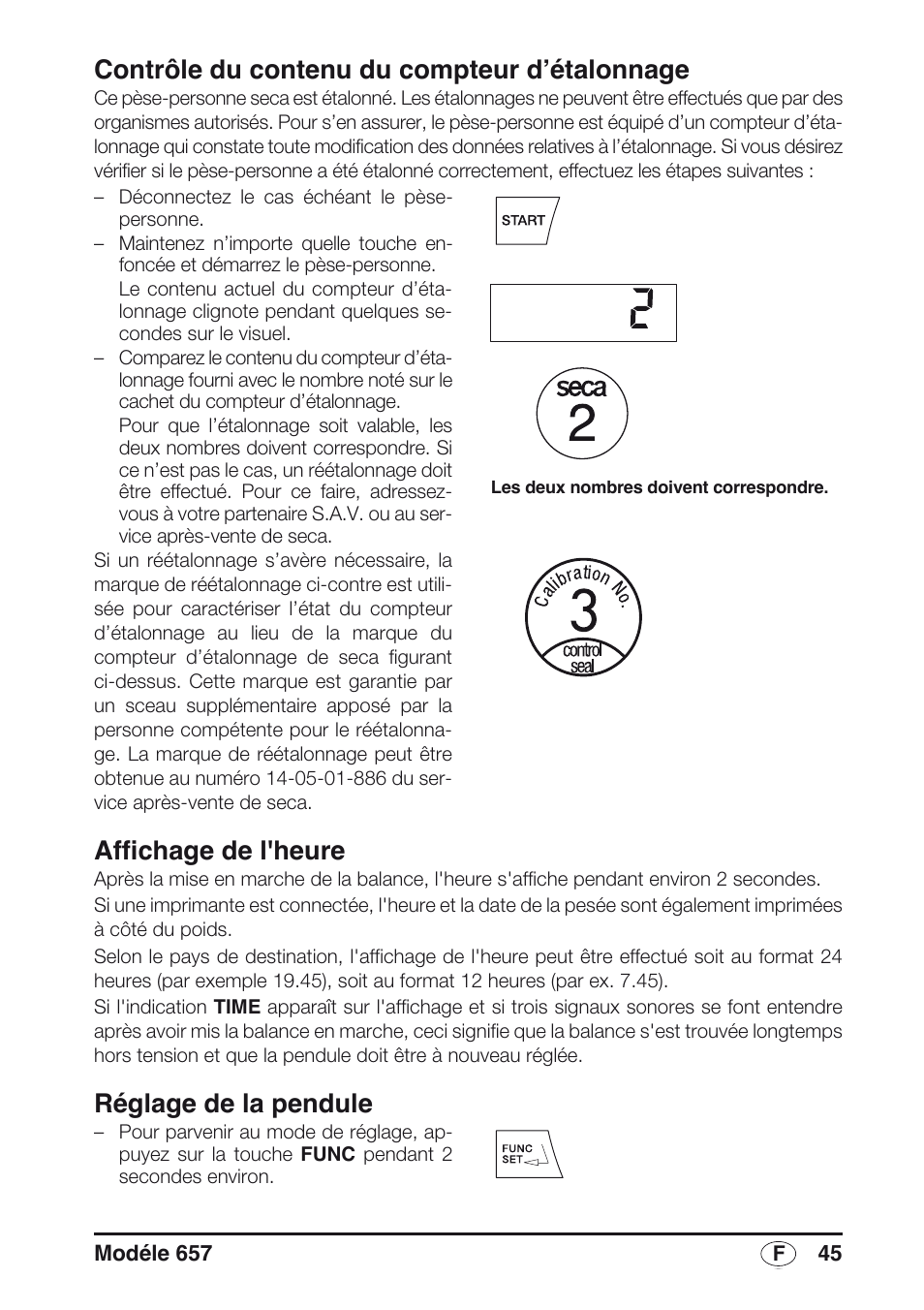 Contrôle du contenu du compteur d’étalonnage, Affichage de l'heure, Réglage de la pendule | Seca 657 User Manual | Page 45 / 240