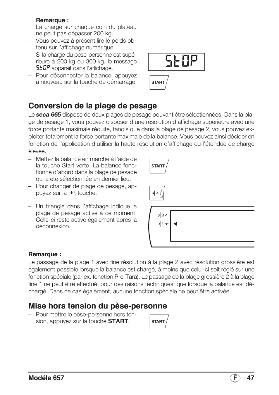 Conversion de la plage de pesage, Mise hors tension du pèse-personne | Seca 657 User Manual | Page 47 / 240