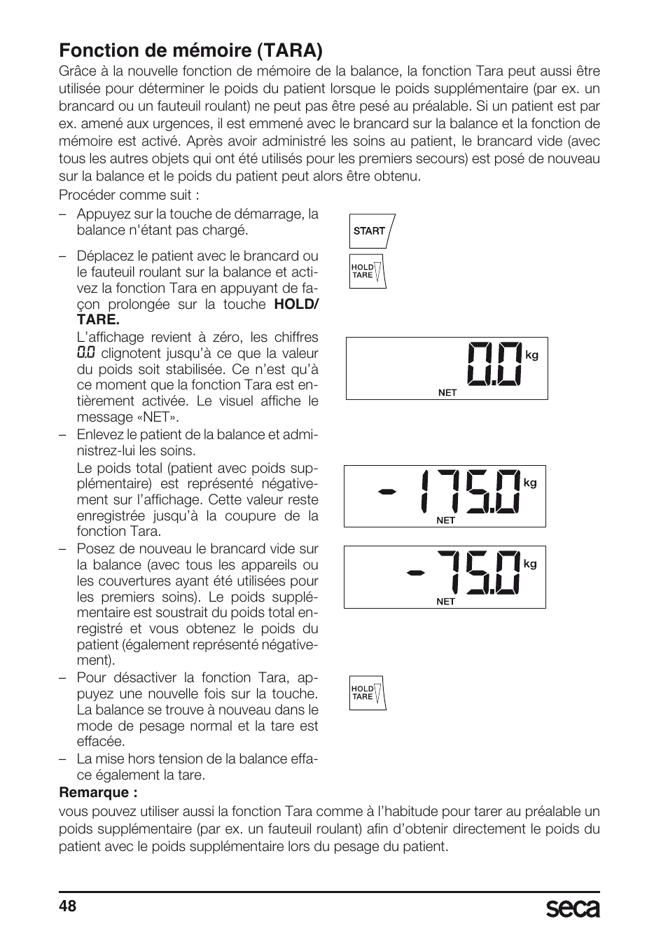 Fonction de mémoire (tara) | Seca 657 User Manual | Page 48 / 240