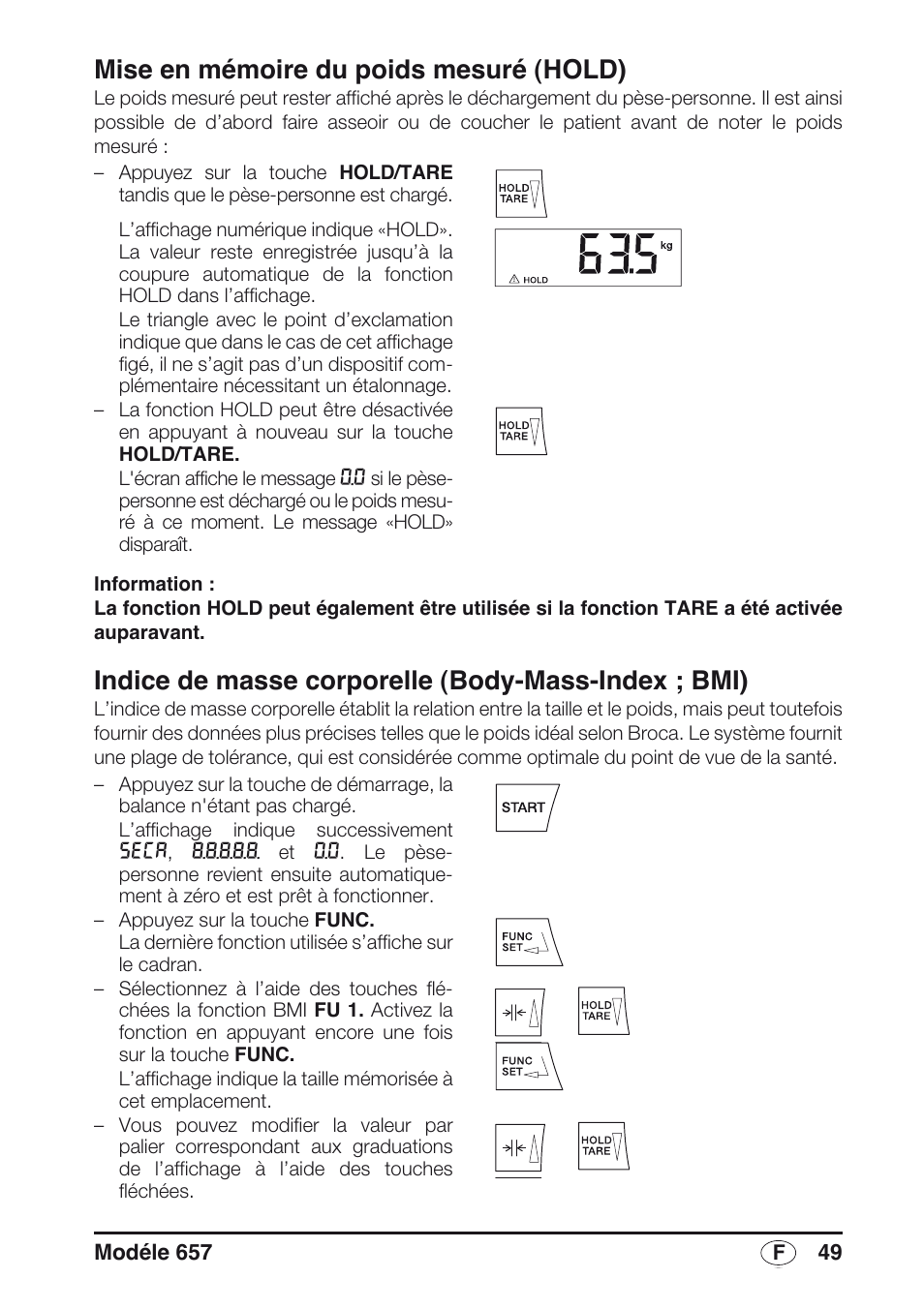 Mise en mémoire du poids mesuré (hold), Indice de masse corporelle (body-mass-index ; bmi) | Seca 657 User Manual | Page 49 / 240