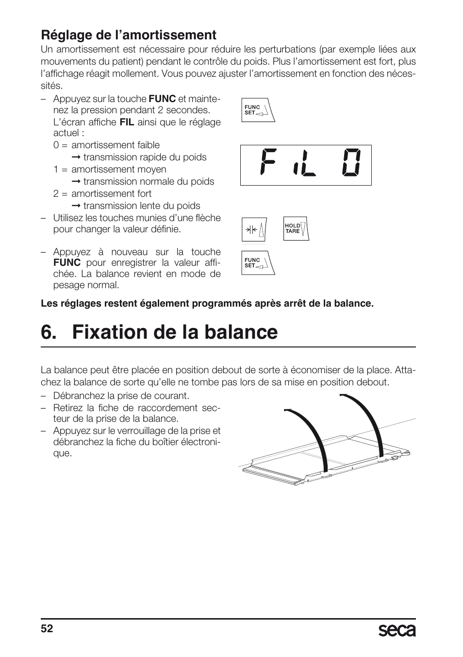 Réglage de l’amortissement, Fixation de la balance | Seca 657 User Manual | Page 52 / 240