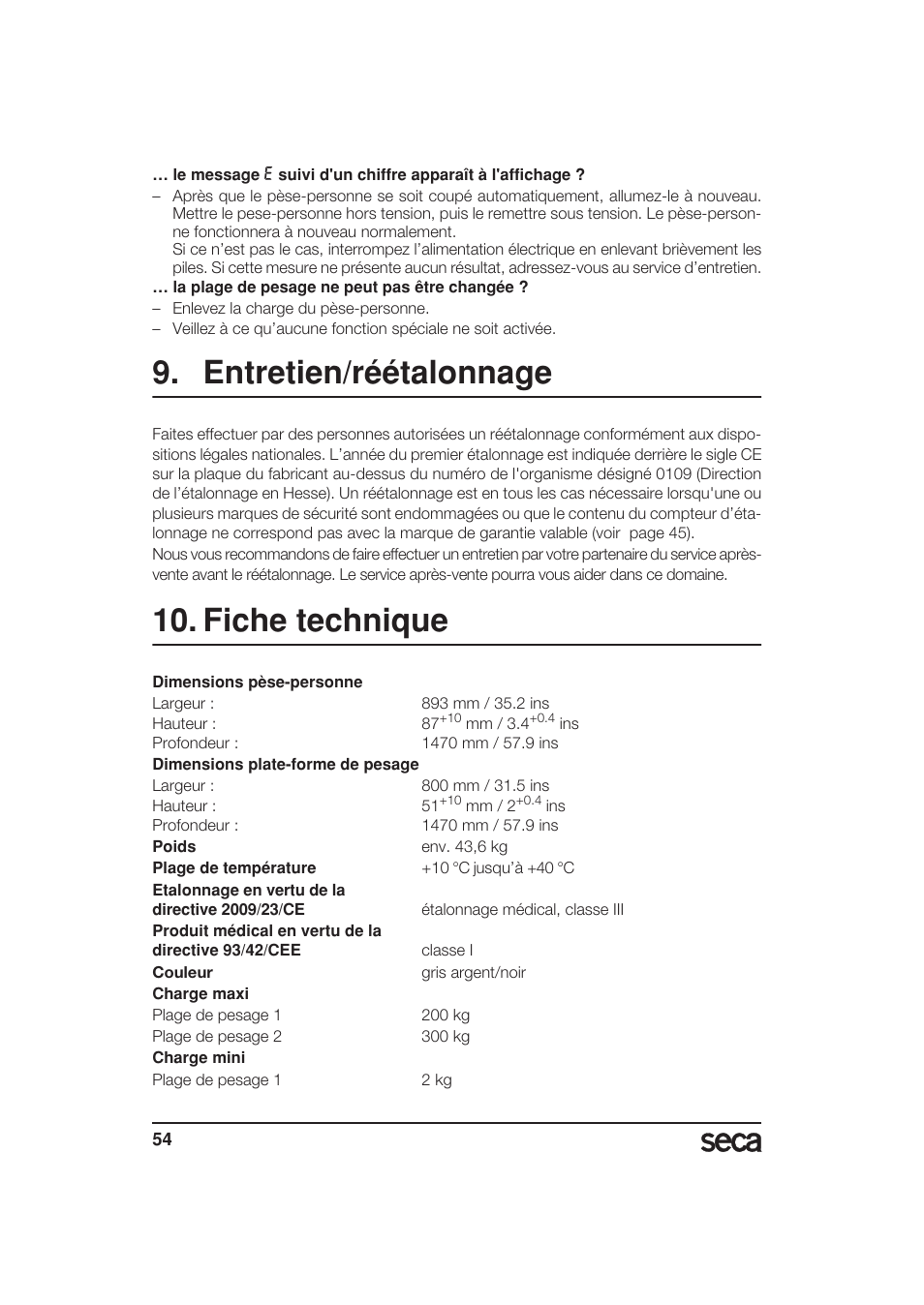 Entretien/réétalonnage, Fiche technique | Seca 657 User Manual | Page 54 / 240