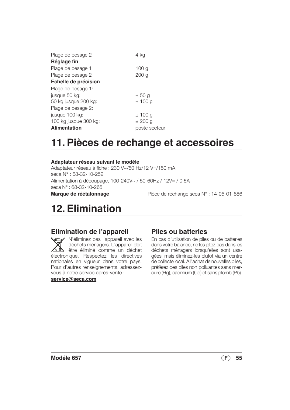 Pièces de rechange et accessoires, Elimination, Elimination de l’appareil | Piles et batteries, Piles ou batteries | Seca 657 User Manual | Page 55 / 240