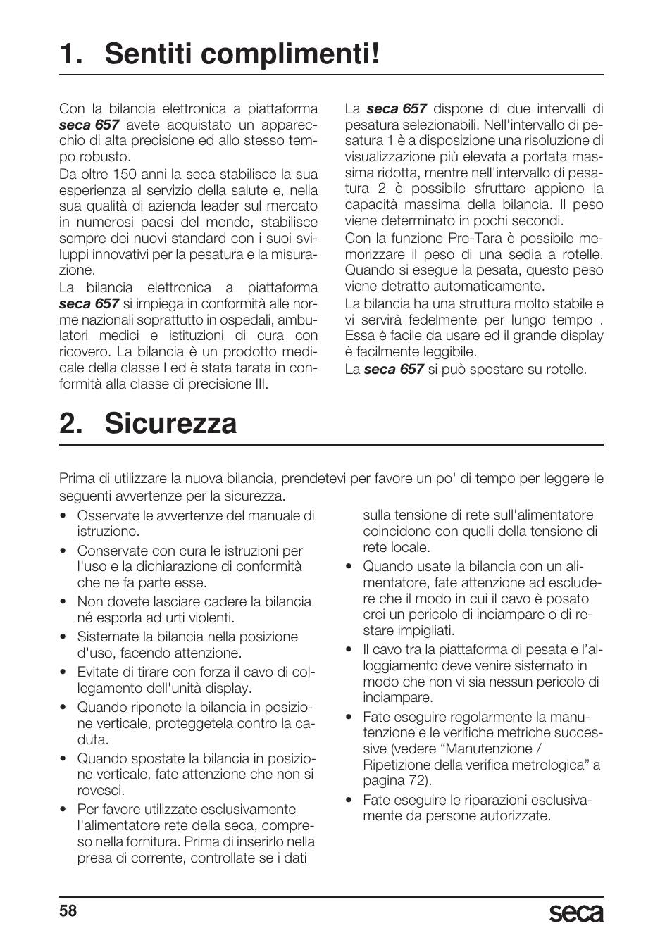 Sentiti complimenti, Sicurezza | Seca 657 User Manual | Page 58 / 240