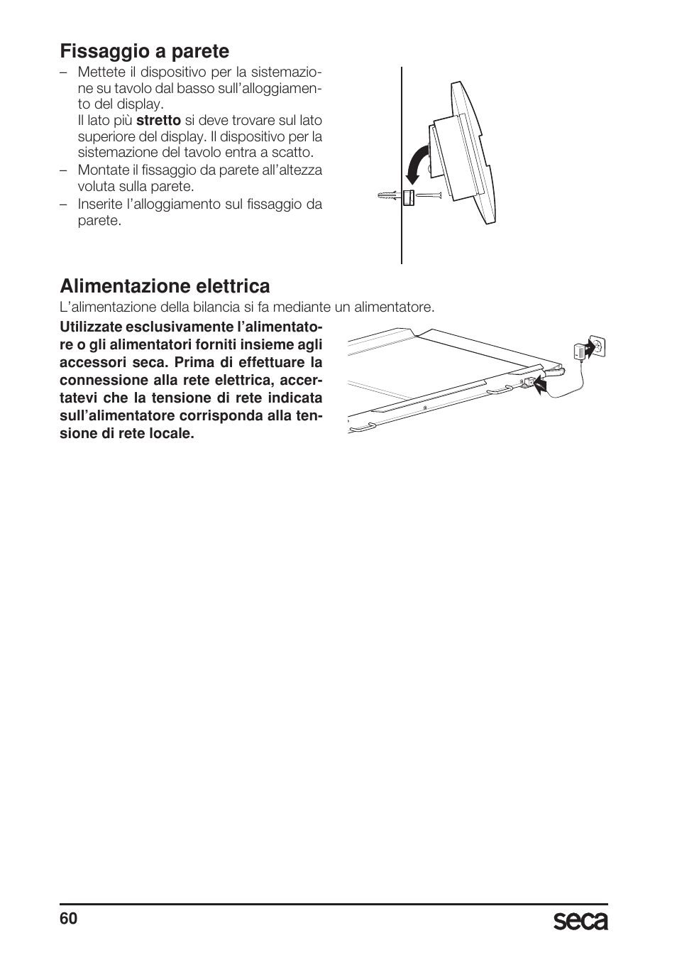 Fissaggio a parete, Alimentazione elettrica | Seca 657 User Manual | Page 60 / 240
