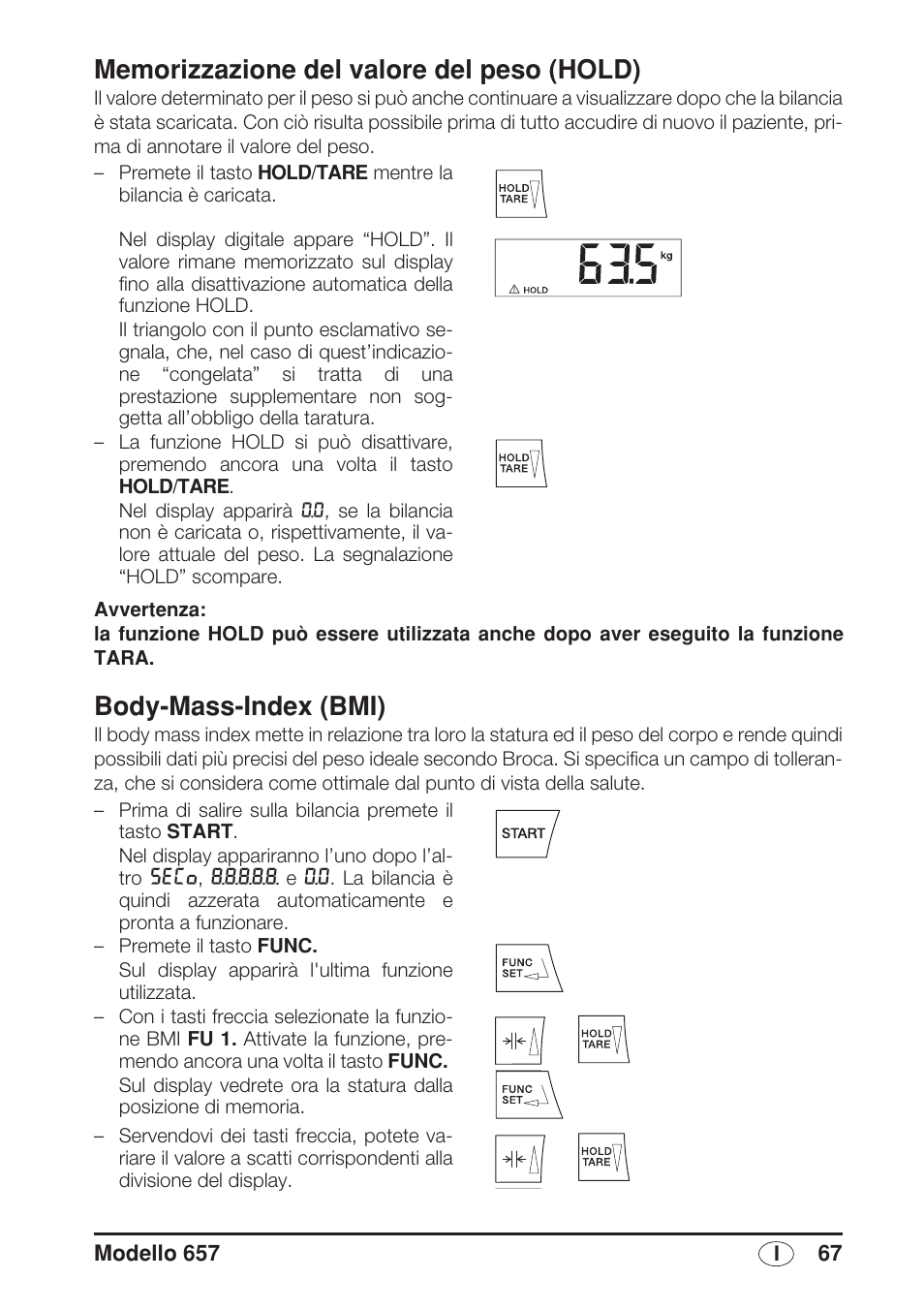 Memorizzazione del valore del peso (hold), Body-mass-index (bmi) | Seca 657 User Manual | Page 67 / 240