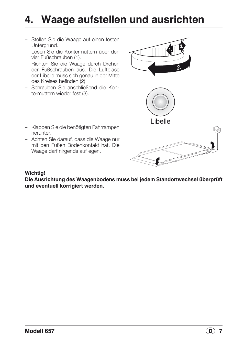 Waage aufstellen und ausrichten, Libelle | Seca 657 User Manual | Page 7 / 240