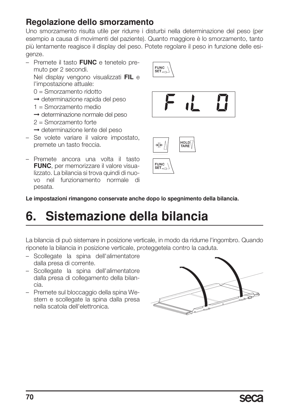 Regolazione dello smorzamento, Sistemazione della bilancia | Seca 657 User Manual | Page 70 / 240