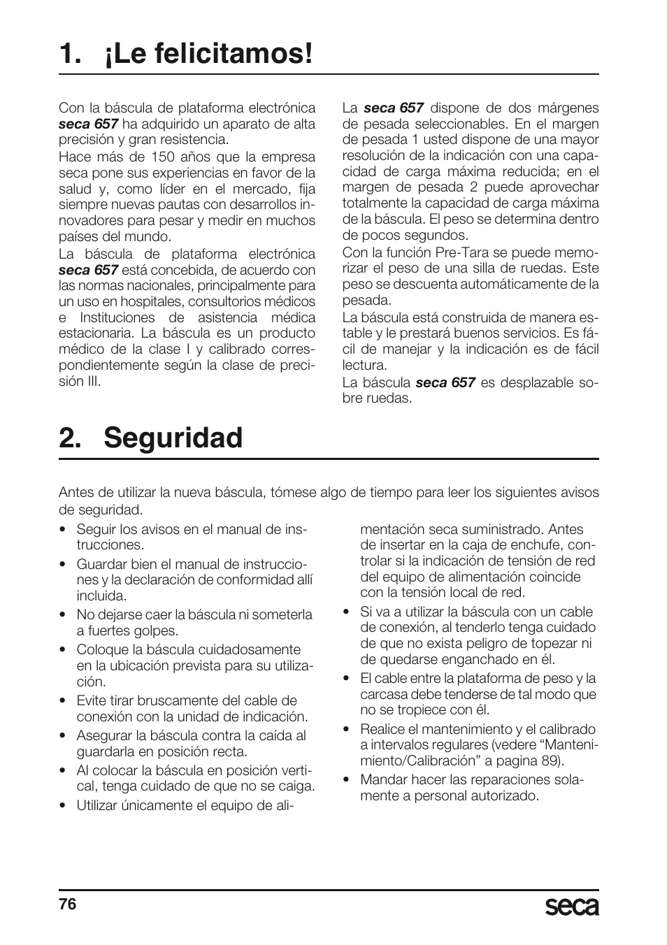 ¡le felicitamos, Seguridad | Seca 657 User Manual | Page 76 / 240