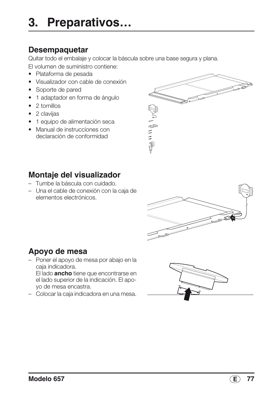Preparativos, Desempaquetar, Montaje del visualizador | Apoyo de mesa | Seca 657 User Manual | Page 77 / 240