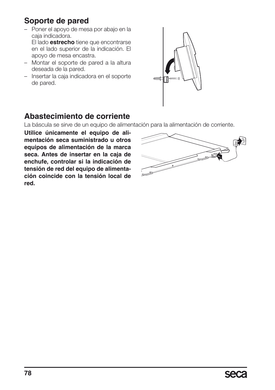 Soporte de pared, Abastecimiento de corriente | Seca 657 User Manual | Page 78 / 240