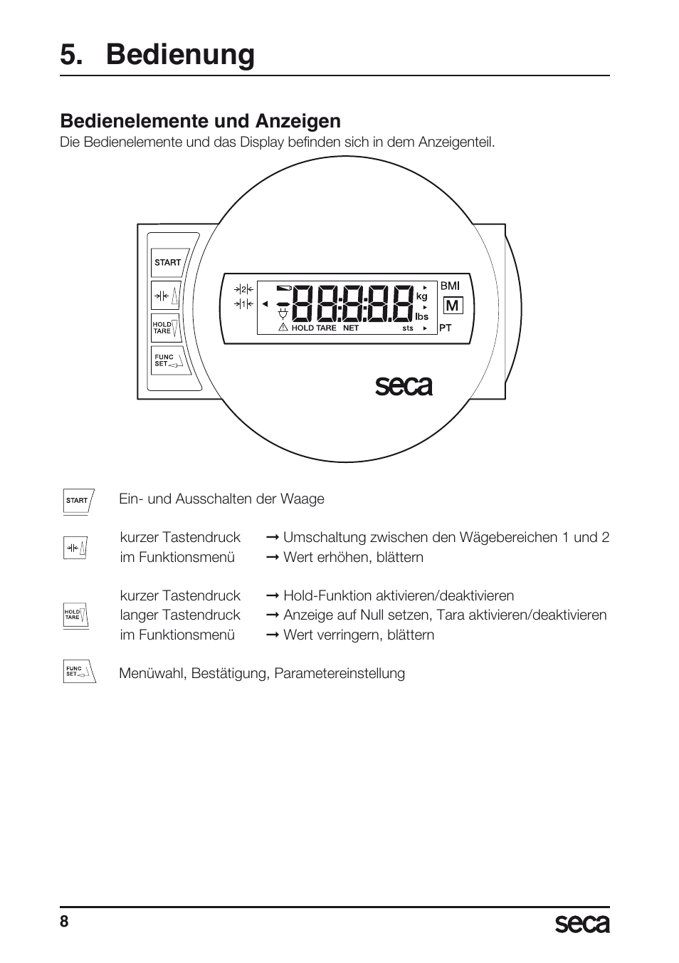 Bedienung, Bedienelemente und anzeigen | Seca 657 User Manual | Page 8 / 240