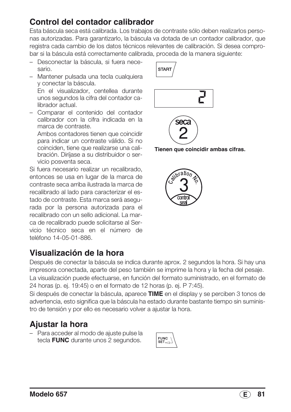 Control del contador calibrador, Visualización de la hora, Ajustar la hora | Seca 657 User Manual | Page 81 / 240