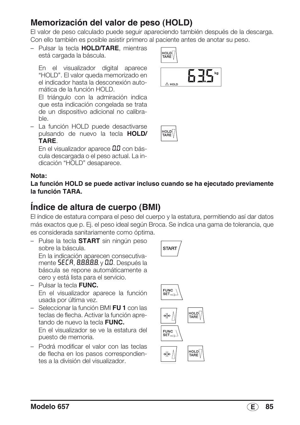 Memorización del valor de peso (hold), Índice de altura de cuerpo (bmi) | Seca 657 User Manual | Page 85 / 240