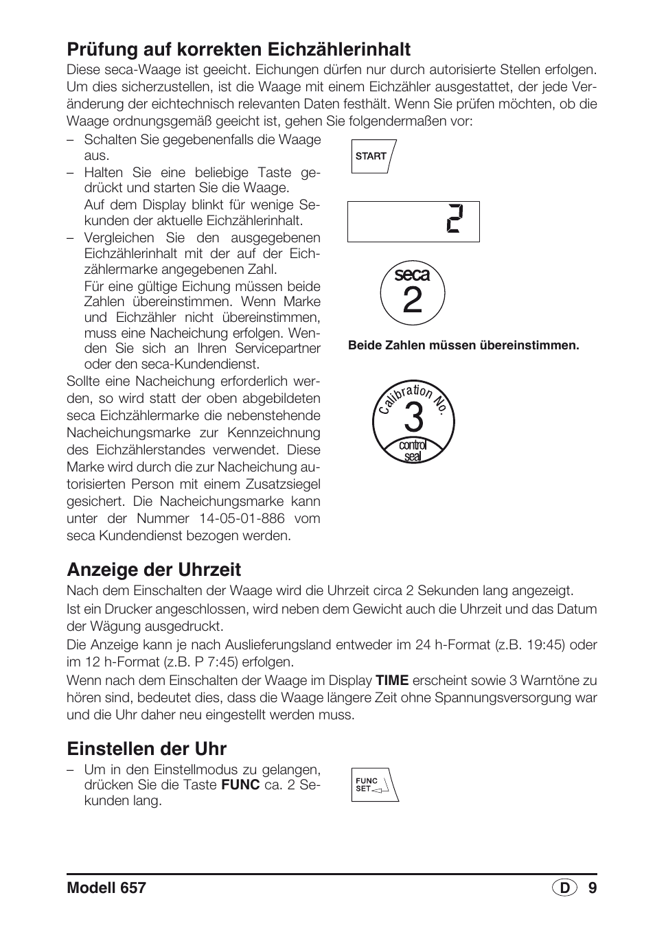 Prüfung auf korrekten eichzählerinhalt, Anzeige der uhrzeit, Einstellen der uhr | Seca 657 User Manual | Page 9 / 240