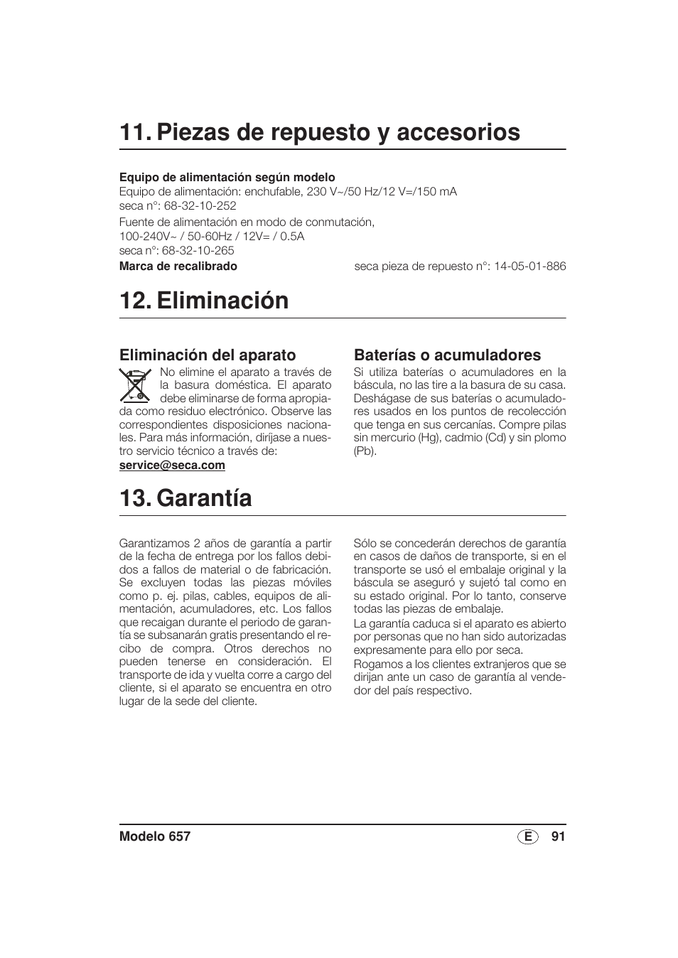 Piezas de repuesto y accesorios, Eliminación, Eliminación del aparato | Baterías y acumuladores, Garantía | Seca 657 User Manual | Page 91 / 240