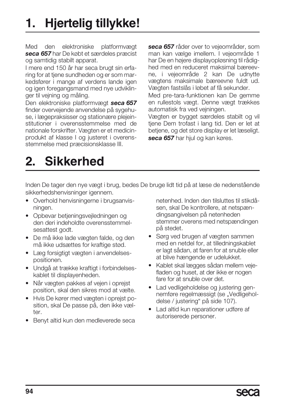 Hjertelig tillykke, Sikkerhed | Seca 657 User Manual | Page 94 / 240