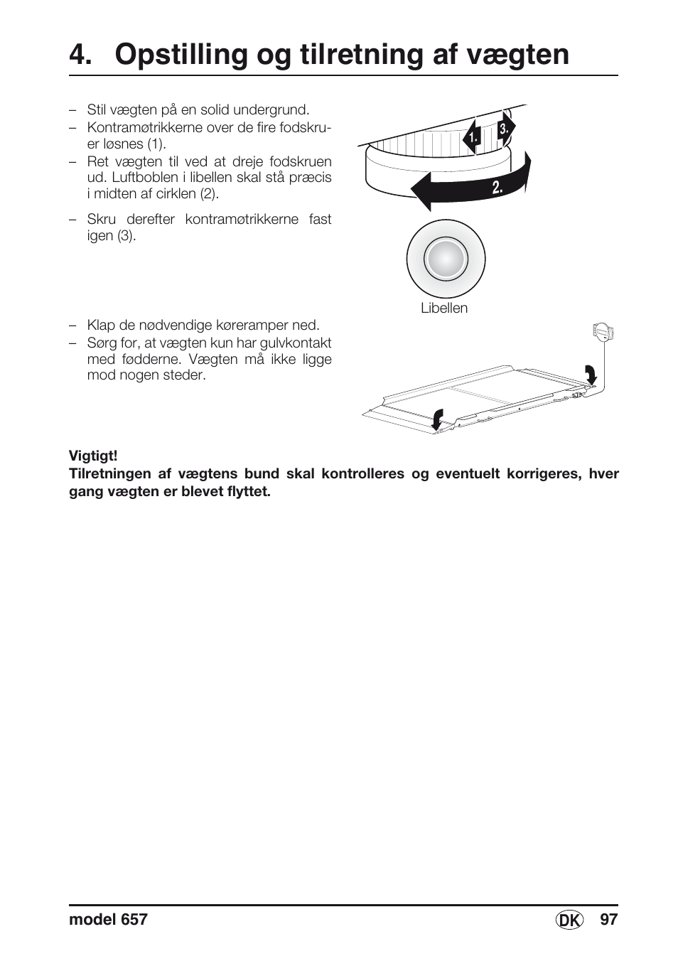 Opstilling og tilretning af vægten, Libelle | Seca 657 User Manual | Page 97 / 240