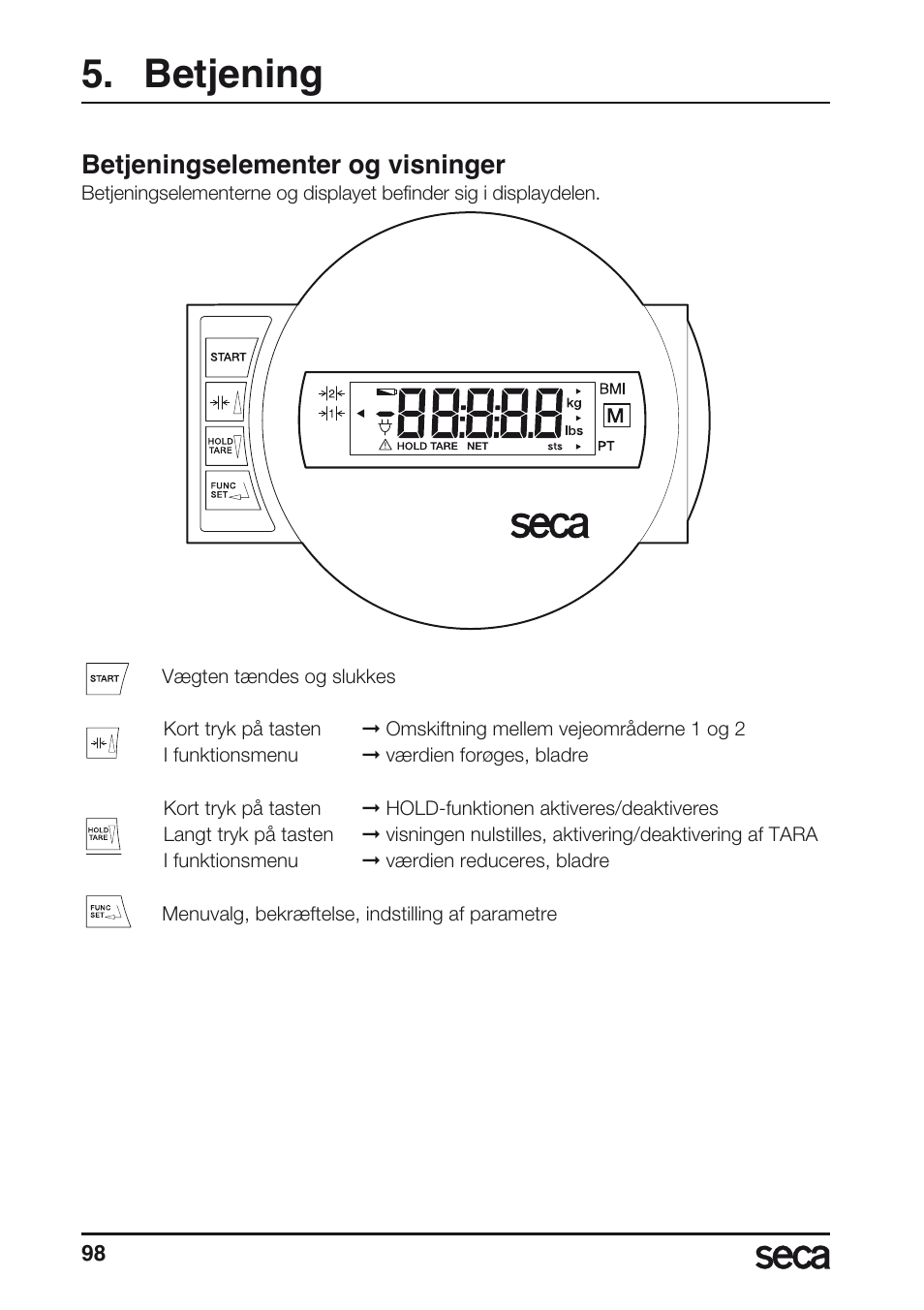 Betjening, Betjeningselementer og visninger | Seca 657 User Manual | Page 98 / 240