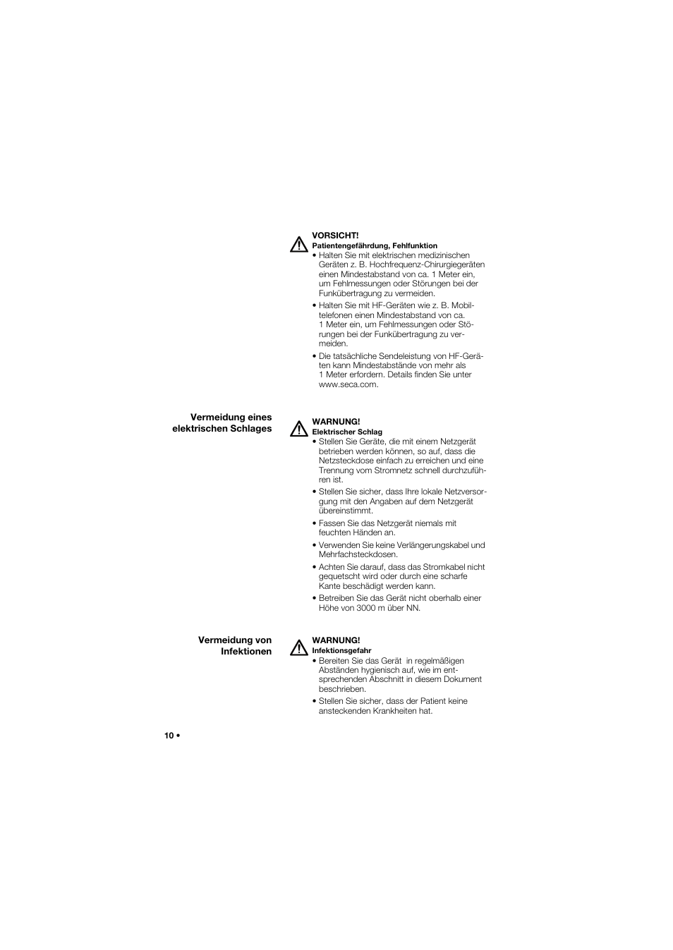 Vermeidung eines elektrischen schlages, Vermeidung von infektionen | Seca 645 User Manual | Page 10 / 417