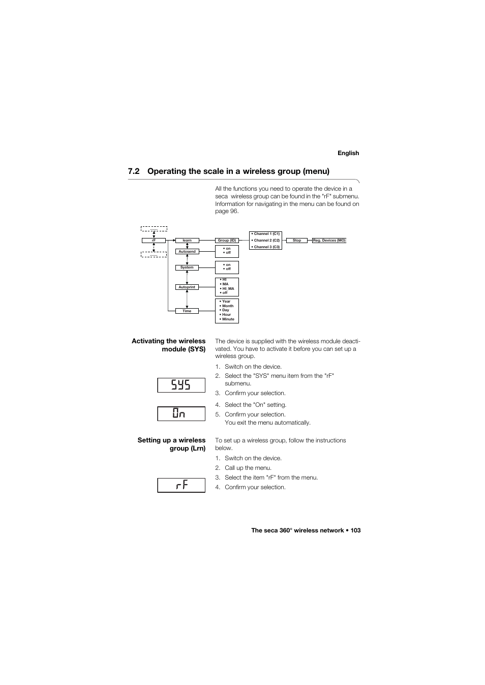 2 operating the scale in a wireless group (menu), Activating the wireless module (sys), Setting up a wireless group (lrn) | 2 operating the scale in a, Wireless group (menu) | Seca 645 User Manual | Page 103 / 417