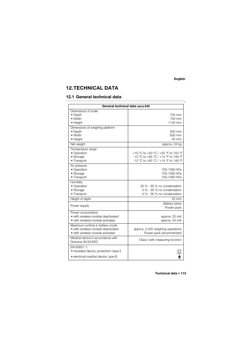 Technical data, 1 general technical data | Seca 645 User Manual | Page 113 / 417